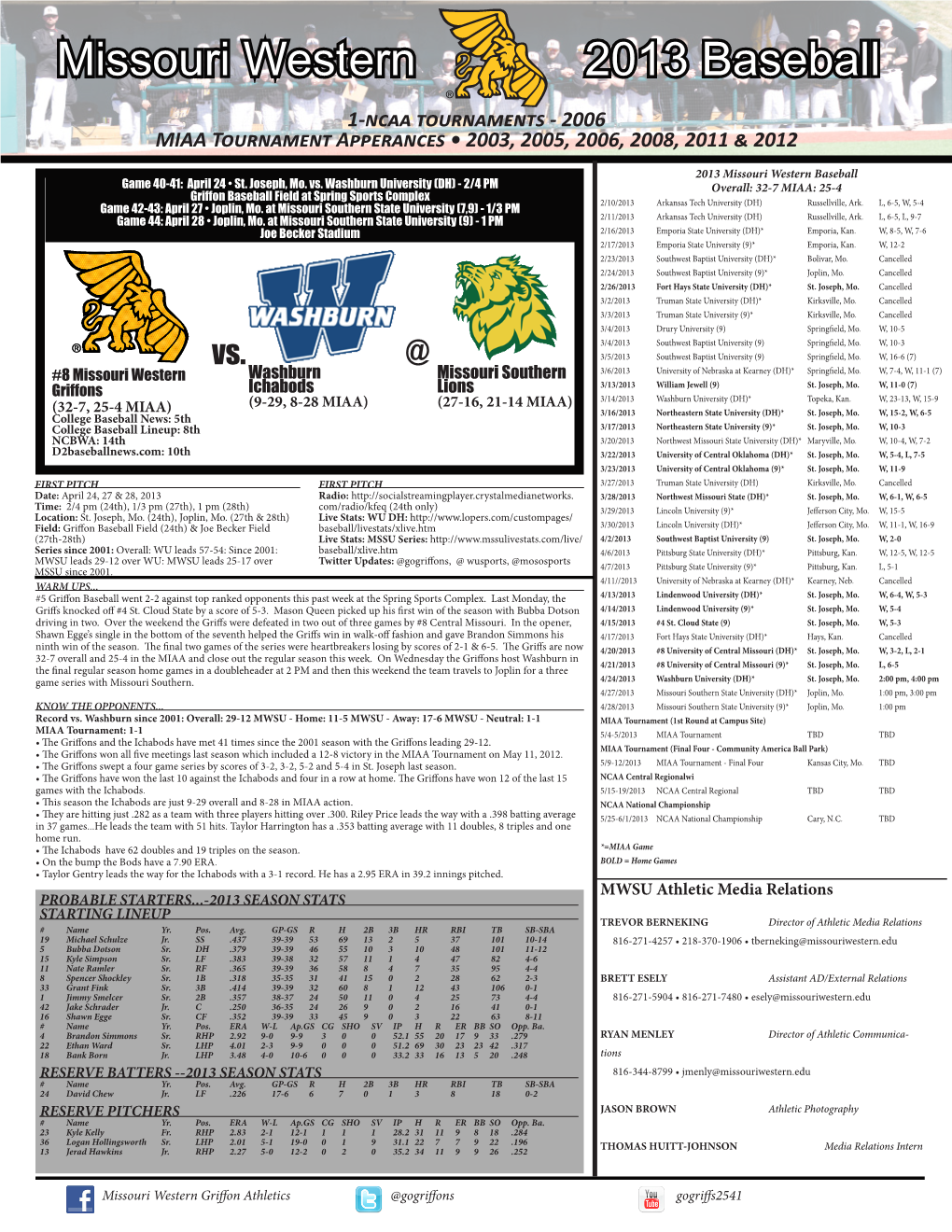 Missouri Western 2013 Baseball 1-Ncaa Tournaments - 2006 MIAA Tournament Apperances • 2003, 2005, 2006, 2008, 2011 & 2012