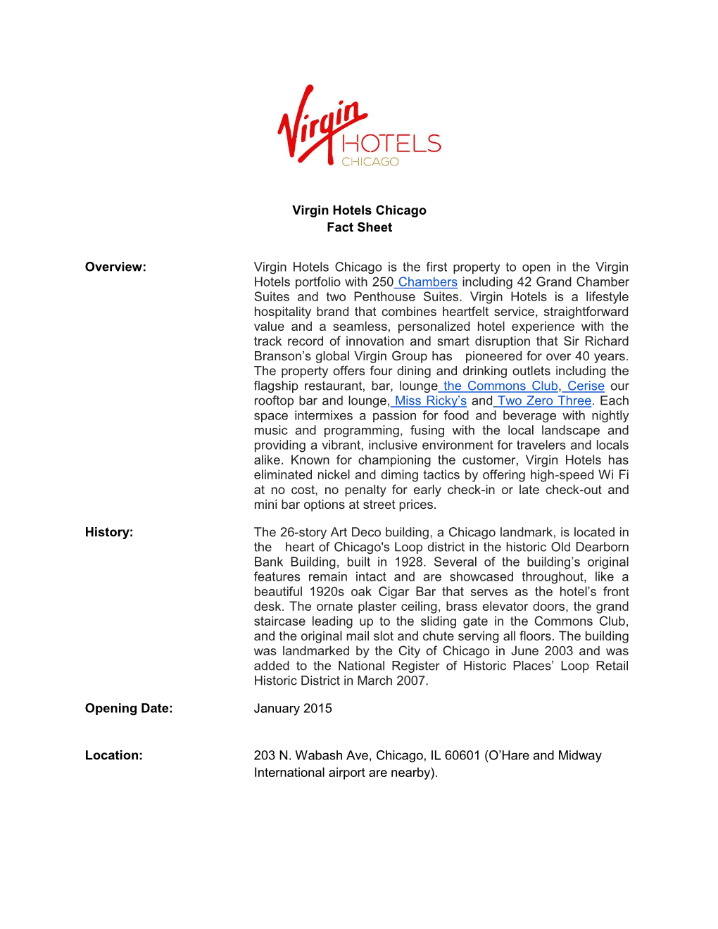 Virgin Hotels Chicago Fact Sheet Overview