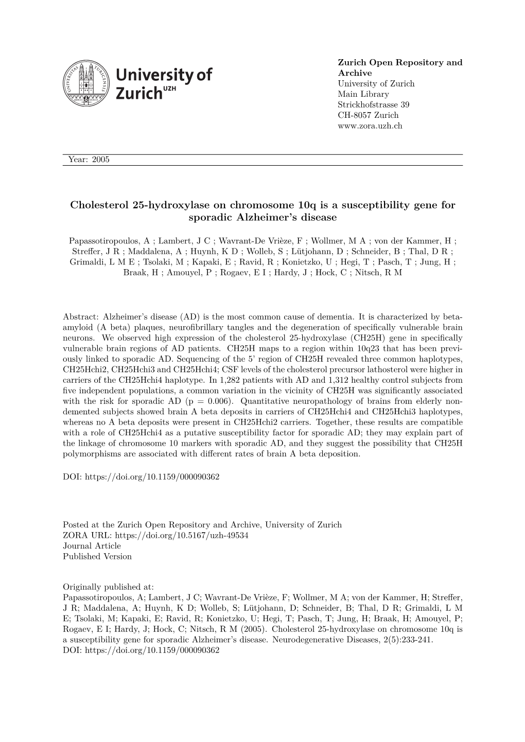 Cholesterol 25-Hydroxylase on Chromosome 10Q Is a Susceptibility Gene for Sporadic Alzheimer’S Disease