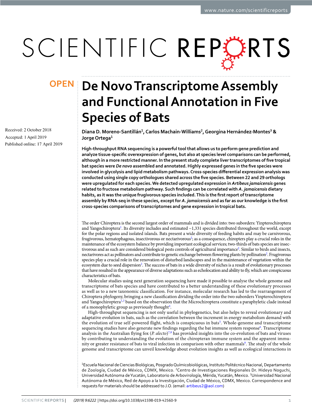 De Novo Transcriptome Assembly and Functional Annotation in Five Species of Bats Received: 2 October 2018 Diana D