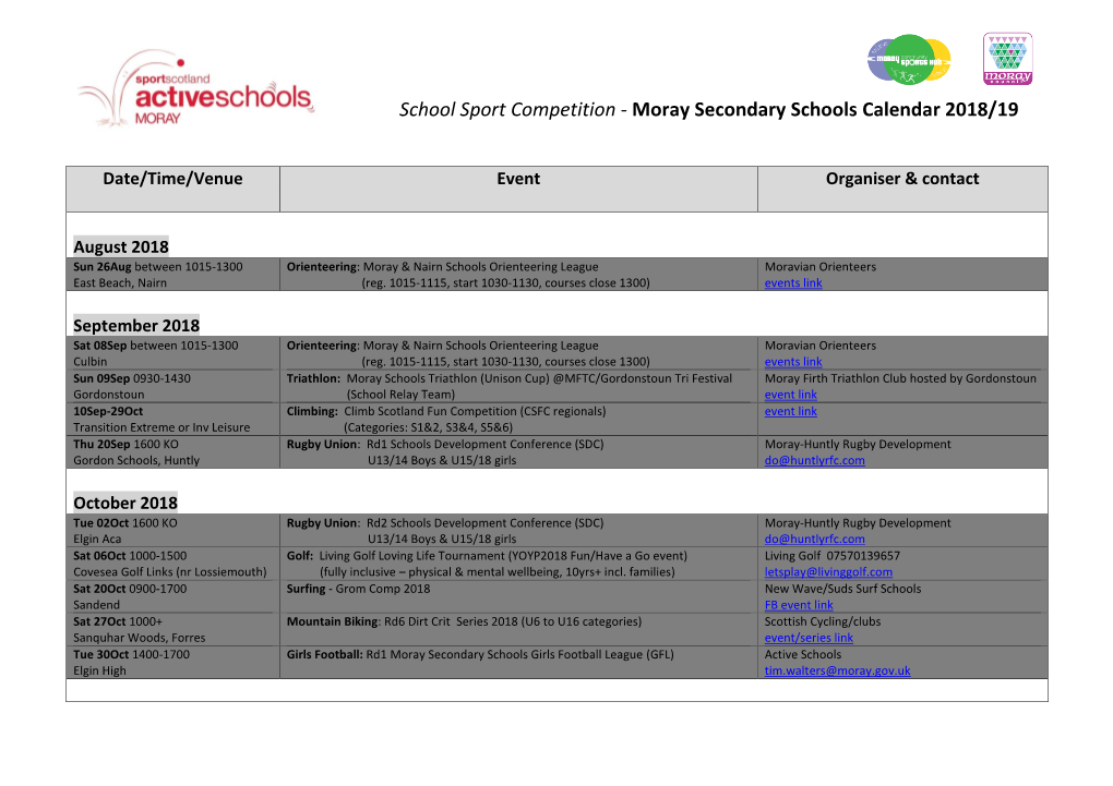 Moray Secondary Schools Calendar 2018/19