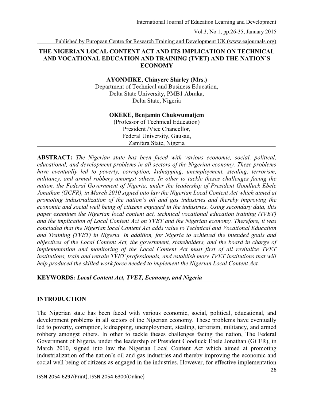 The Nigerian Local Content Act and Its Implication on Technical and Vocational Education and Training (Tvet) and the Nation’S Economy