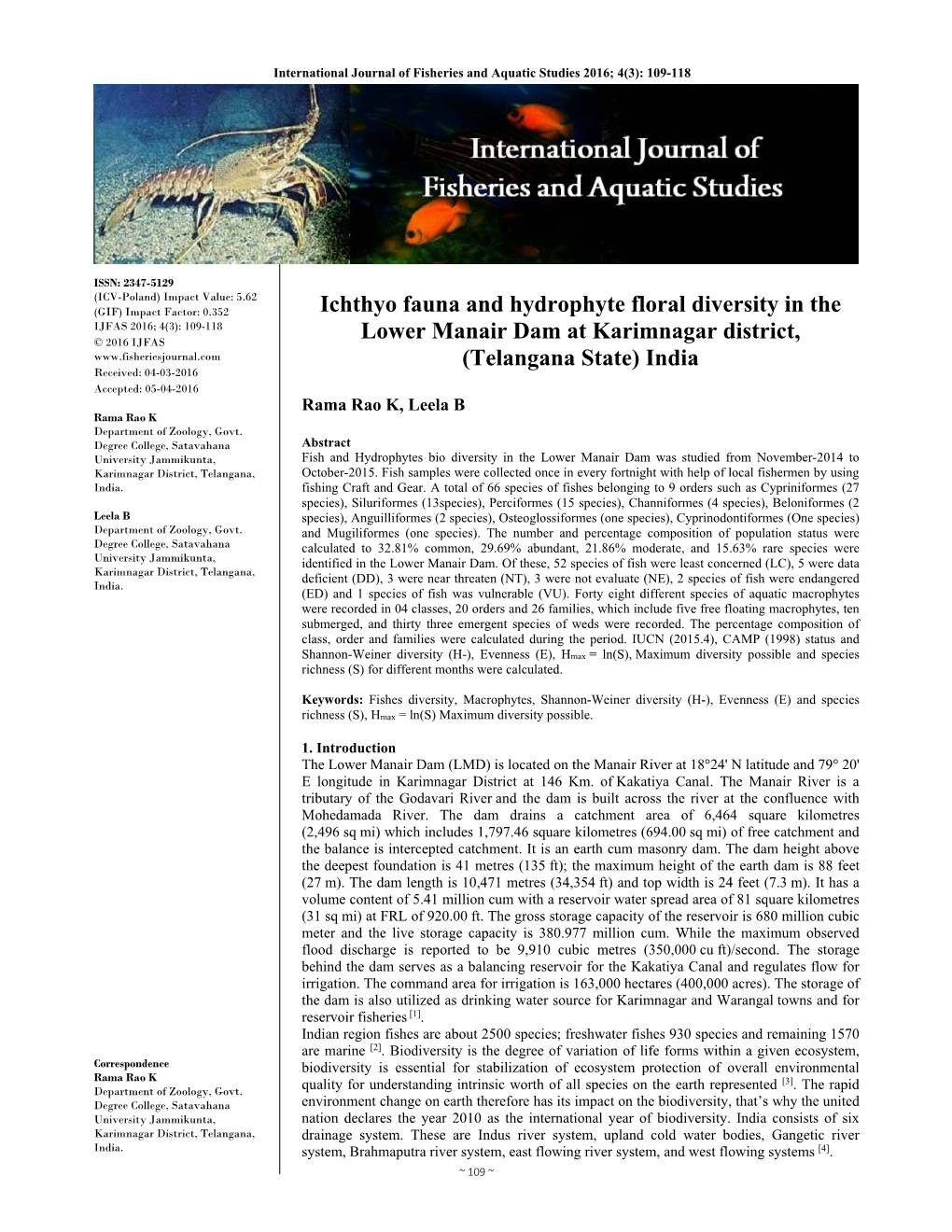 Ichthyo Fauna and Hydrophyte Floral Diversity in the Lower Manair Dam at Karimnagar District