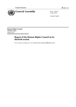 Report of the Human Rights Council on Its Thirtieth Session