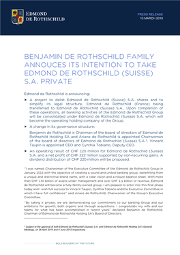 Benjamin De Rothschild Family Annouces Its Intention to Take Edmond De Rothschild (Suisse) S.A