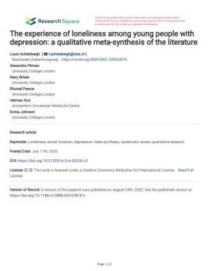 The Experience of Loneliness Among Young People with Depression: a Qualitative Meta-Synthesis of the Literature