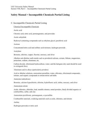 Safety Manual &gt; Incompatible Chemicals Partial Listing