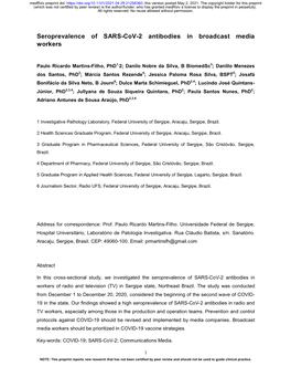 Seroprevalence of SARS-Cov-2 Antibodies in Broadcast Media Workers