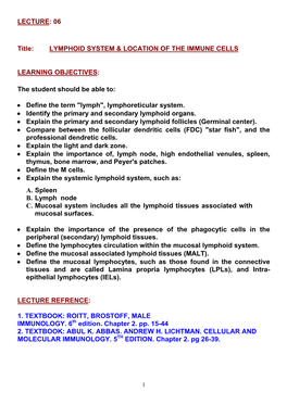 LECTURE 06 Lymphoid System and Location of the Immune Cells