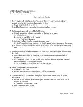 Rise of Andean Civilization October 13, 1999 T. D'altroy Early Horizon
