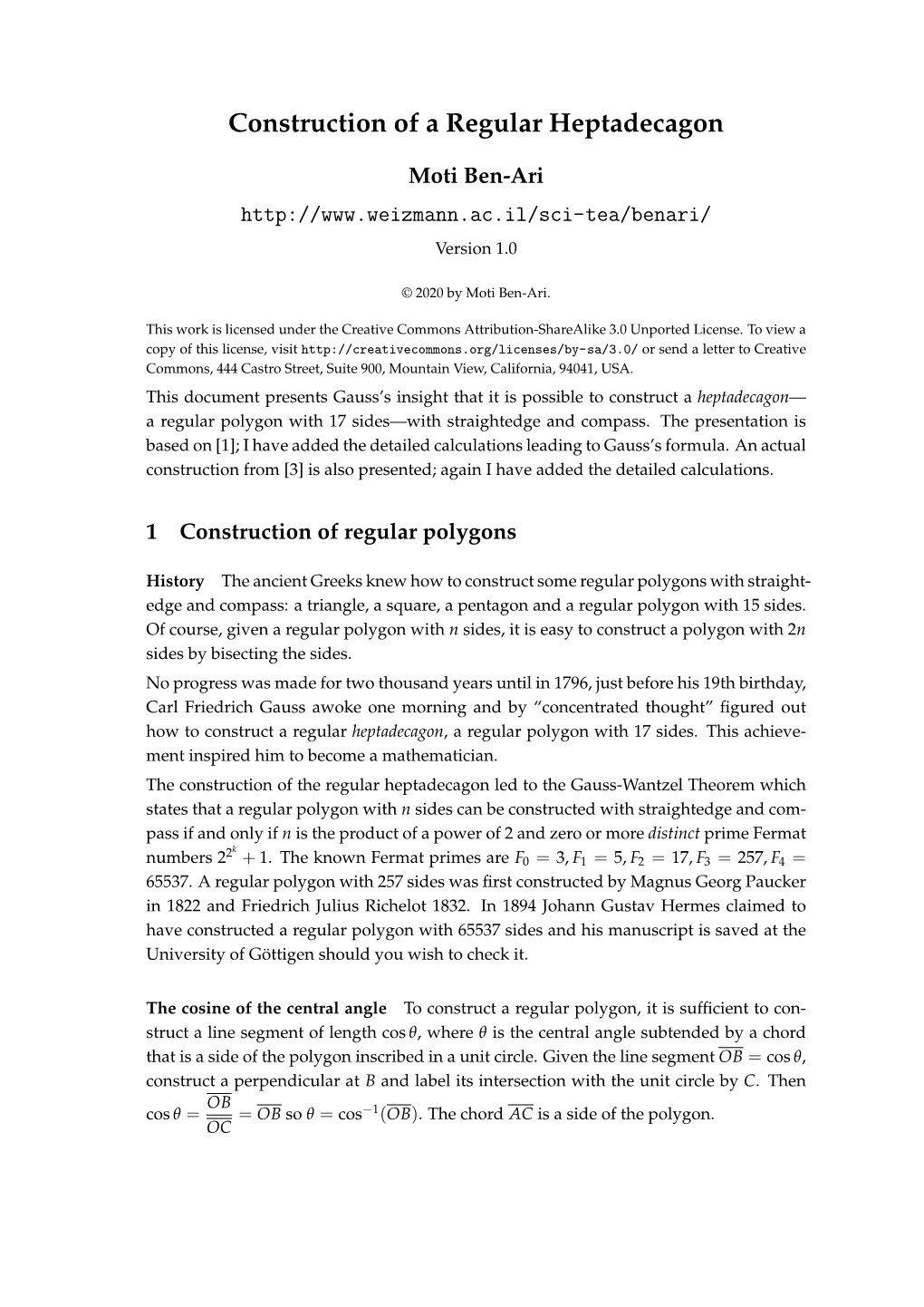 Construction of a Regular Heptadecagon