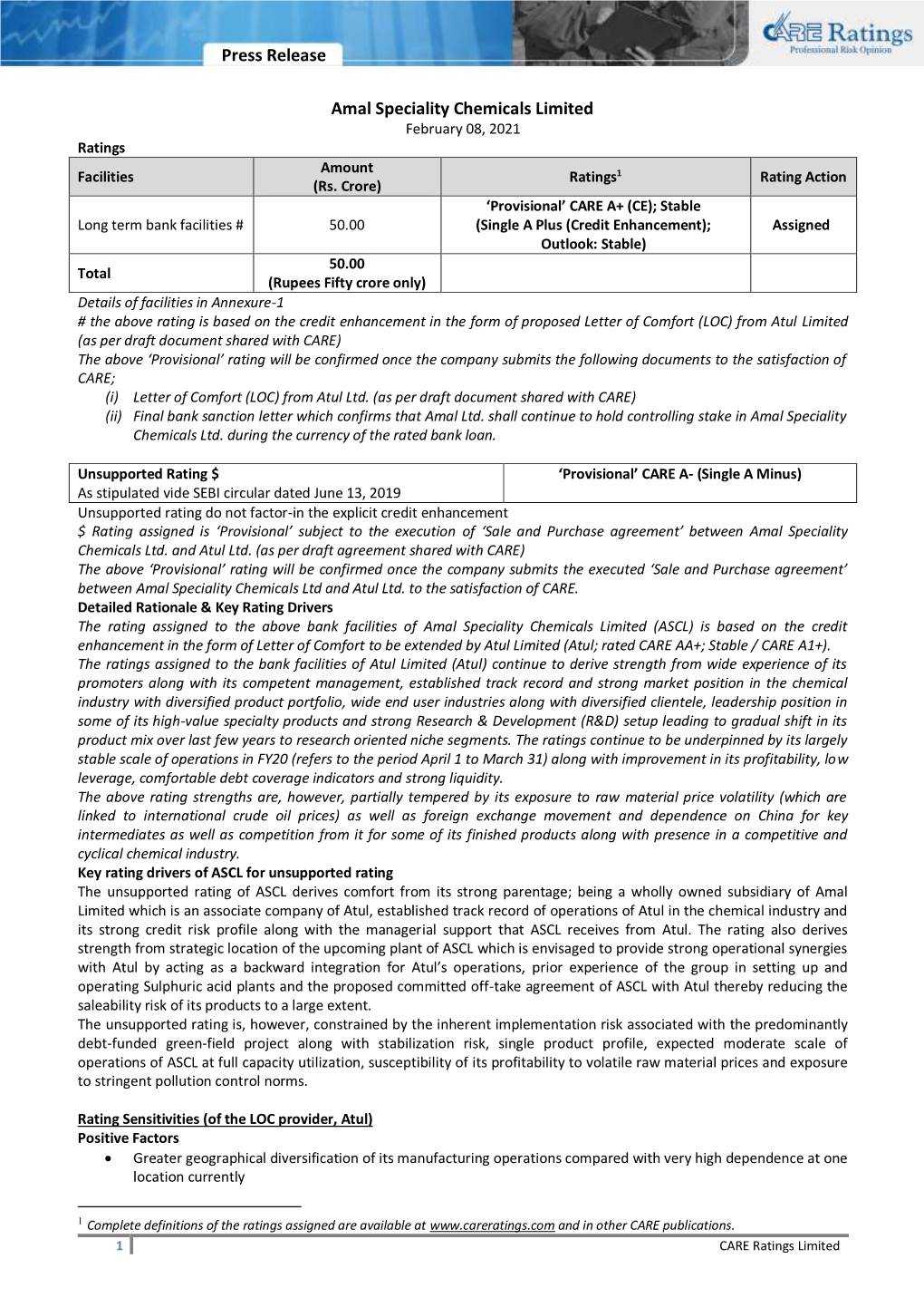 Press Release Amal Speciality Chemicals Limited