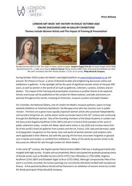 Press Release LONDON ART WEEK 'ART HISTORY in FOCUS' OCTOBER 2020 ONLINE DISCOURSES and IN-GALLERY EXHIBITIONS Themes Includ