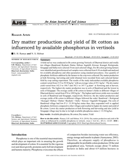 Dry Matter Production and Yield of Bt Cotton As Influenced by Available Phosphorus in Vertisols S