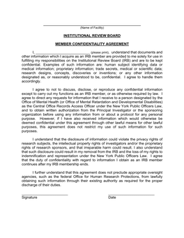 INSTITUTIONAL REVIEW BOARD MEMBER CONFIDENTIALITY AGREEMENT I, (Please Print), Understand That Docum