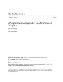 A Contemporary Appraisal of Condemnation in Maryland John J