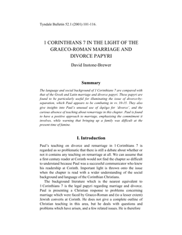 1 CORINTHIANS 7 in the LIGHT of the GRAECO-ROMAN MARRIAGE and DIVORCE PAPYRI David Instone-Brewer