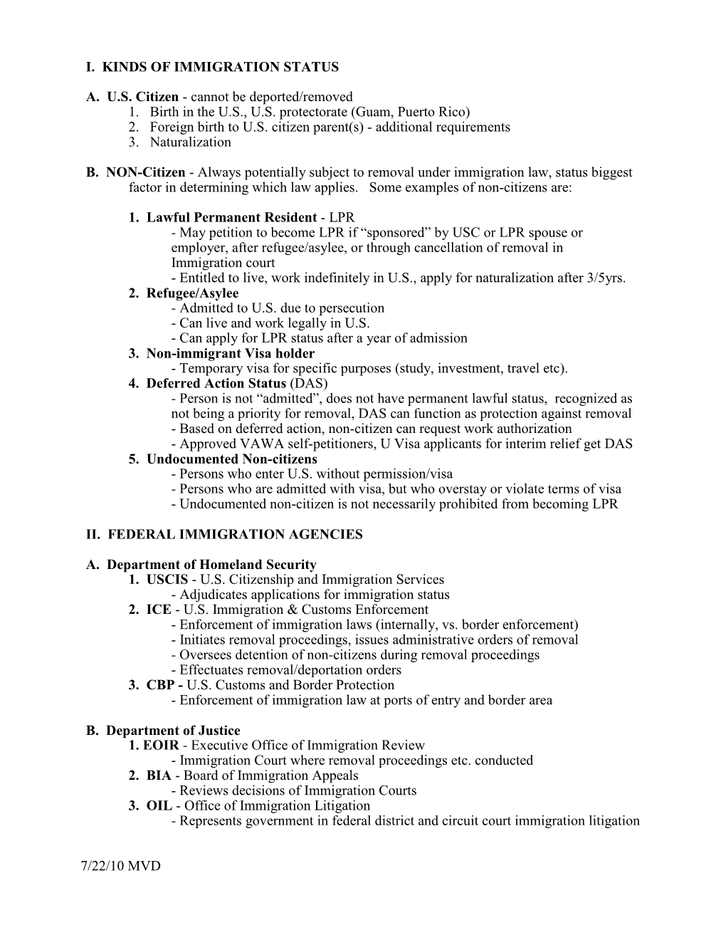 I. KINDS of IMMIGRATION STATUS AUS Citizen