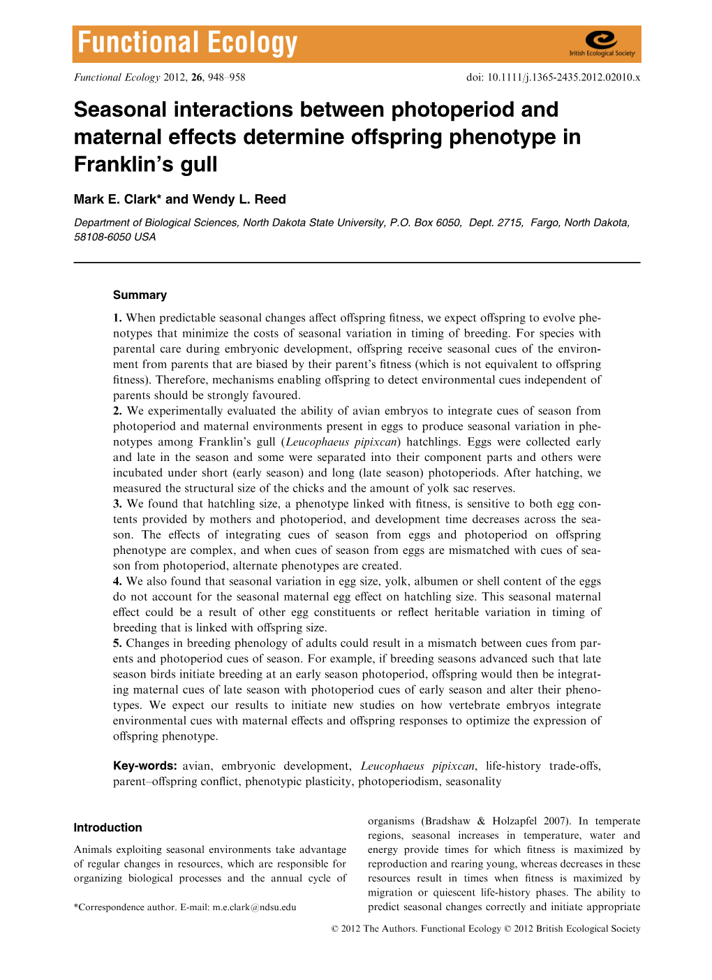 Seasonal Interactions Between Photoperiod and Maternal Effects Determine Offspring Phenotype in Franklin’S Gull