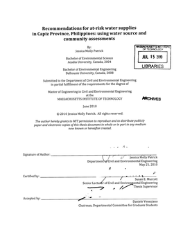 Recommendations for At-Risk Water Supplies in Capiz Province, Philippines: Using Water Source and Community Assessments