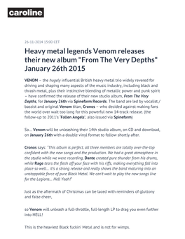 Heavy Metal Legends Venom Releases Their New Album "From the Very Depths" January 26Th 2015