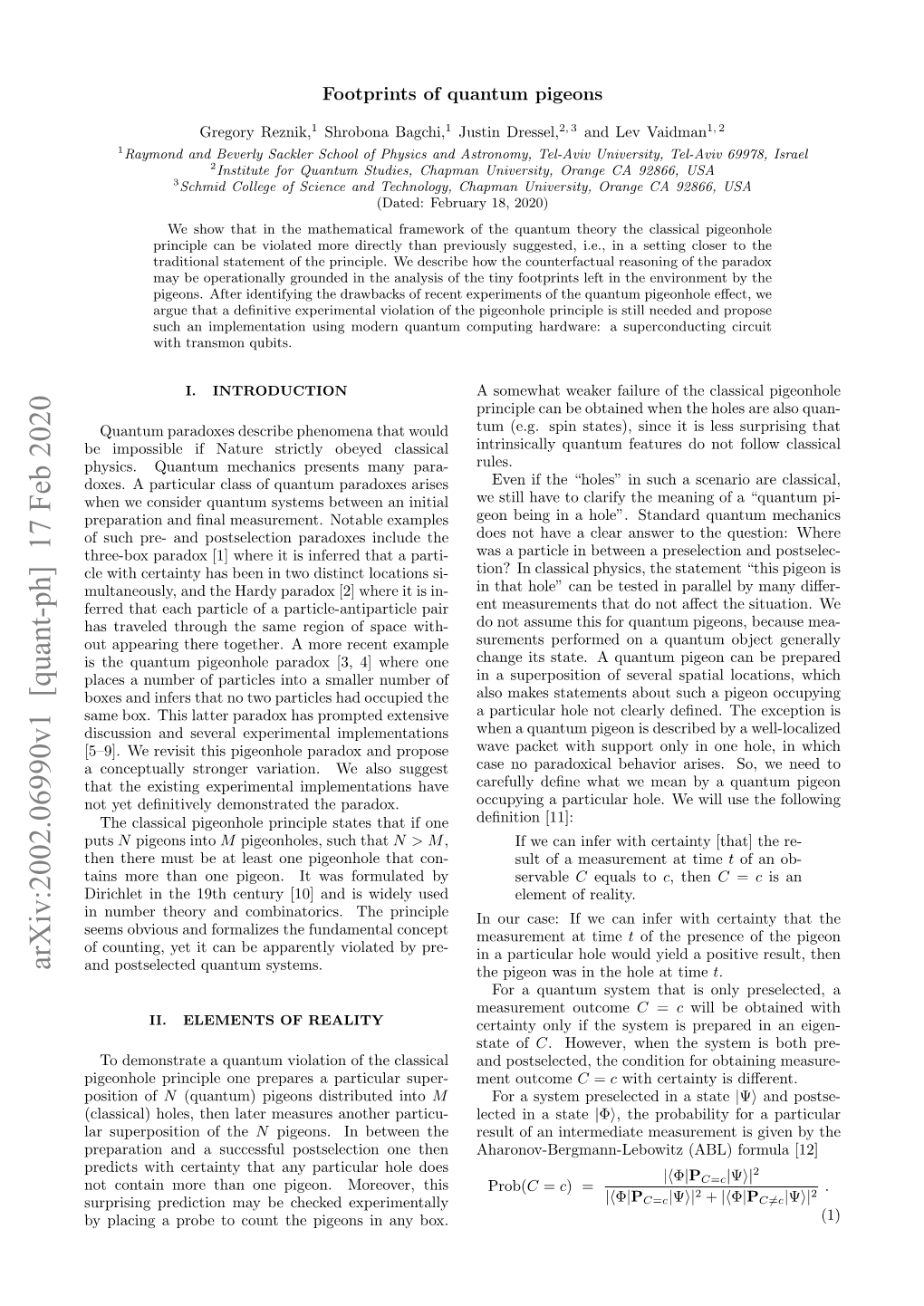 Arxiv:2002.06990V1 [Quant-Ph] 17 Feb 2020 and Postselected Quantum Systems