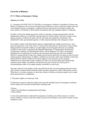 University of Baltimore IV-7.1 Policy on Emergency Closing