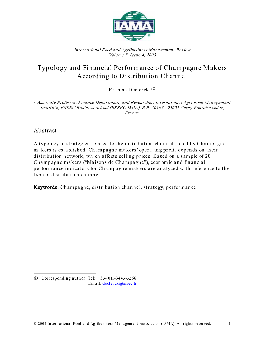 Typology and Financial Performance of Champagne Makers According to Distribution Channel