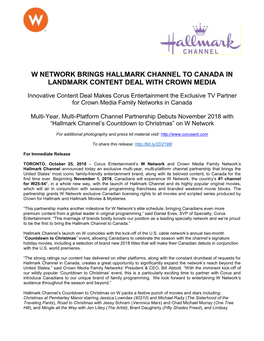 W Network Brings Hallmark Channel to Canada in Landmark Content Deal with Crown Media