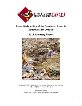 Forest Birds at Risk of the Carolinian Forest in Southwestern Ontario 2018 Summary Report