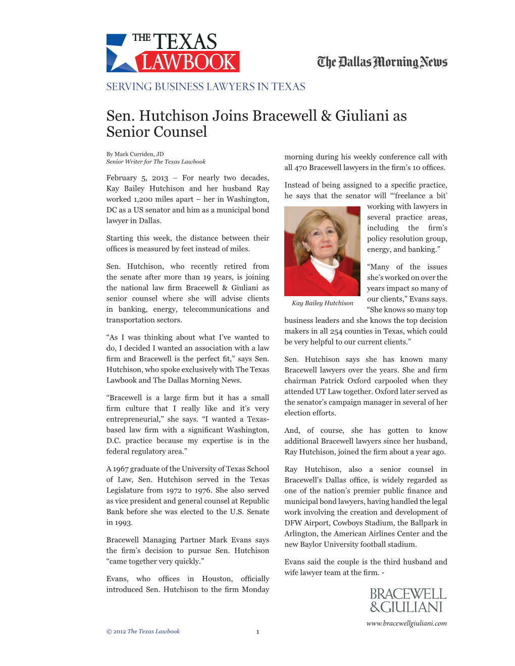 Sen. Hutchison Joins Bracewell & Giuliani As Senior Counsel