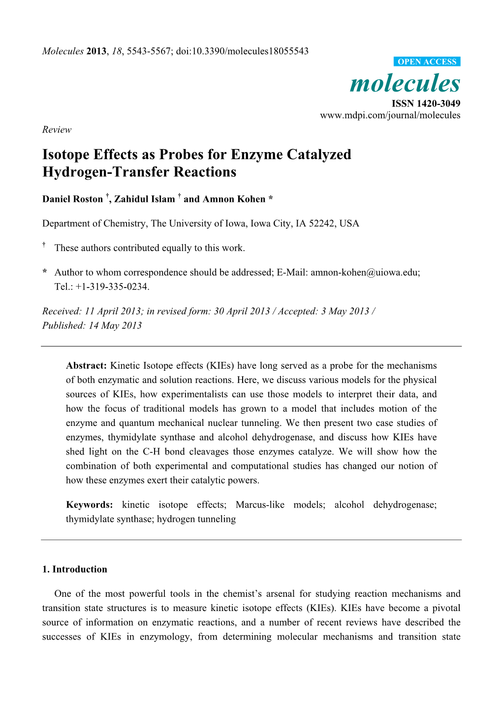 Isotope Effects As Probes for Enzyme Catalyzed Hydrogen-Transfer Reactions