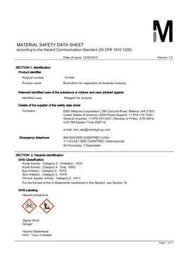 MATERIAL SAFETY DATA SHEET According to the Hazard Communication Standard (29 CFR 1910.1200)
