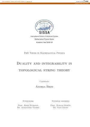 Duality and Integrability in Topological String Theory