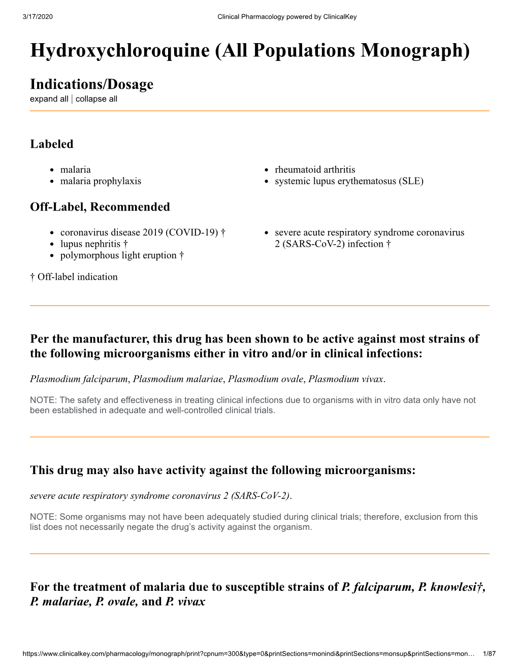 Hydroxychloroquine (All Populations Monograph)