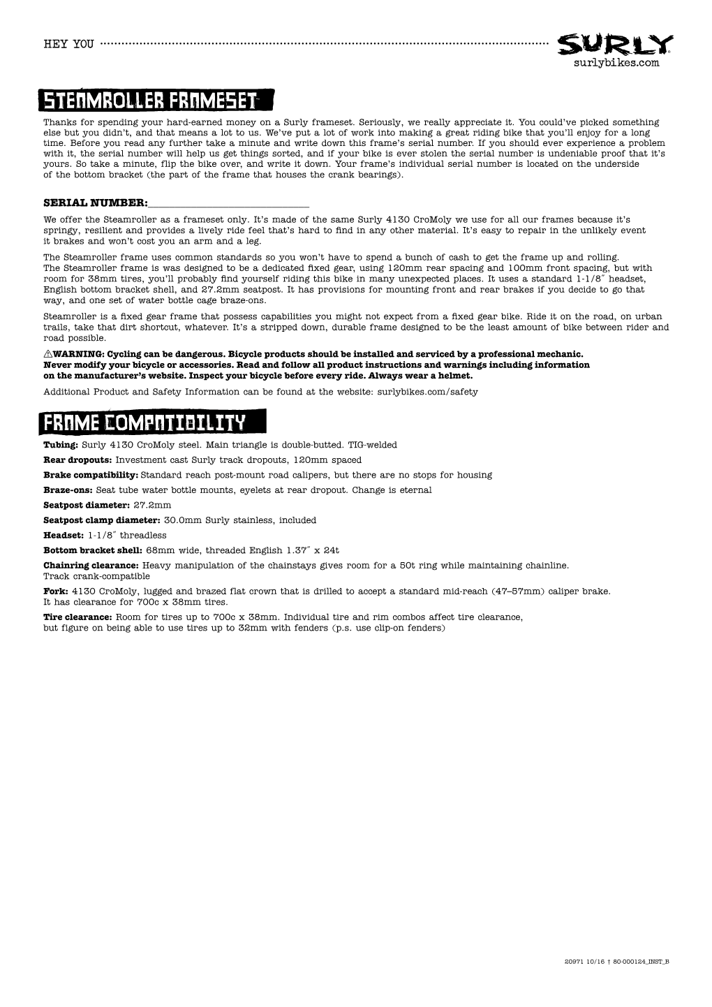 Steamroller Frameset Frame Compatibility