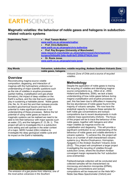 Magmatic Volatiles: the Behaviour of Noble Gases and Halogens in Subduction- Related Volcanic Systems Overview Methodology