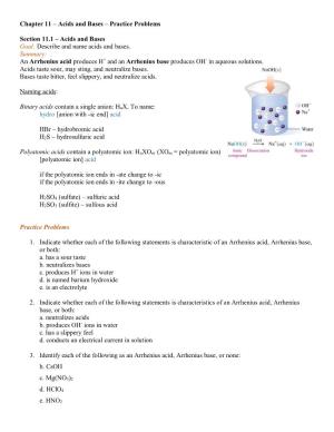 Chapter 11 – Acids and Bases – Practice Problems Section 11.1