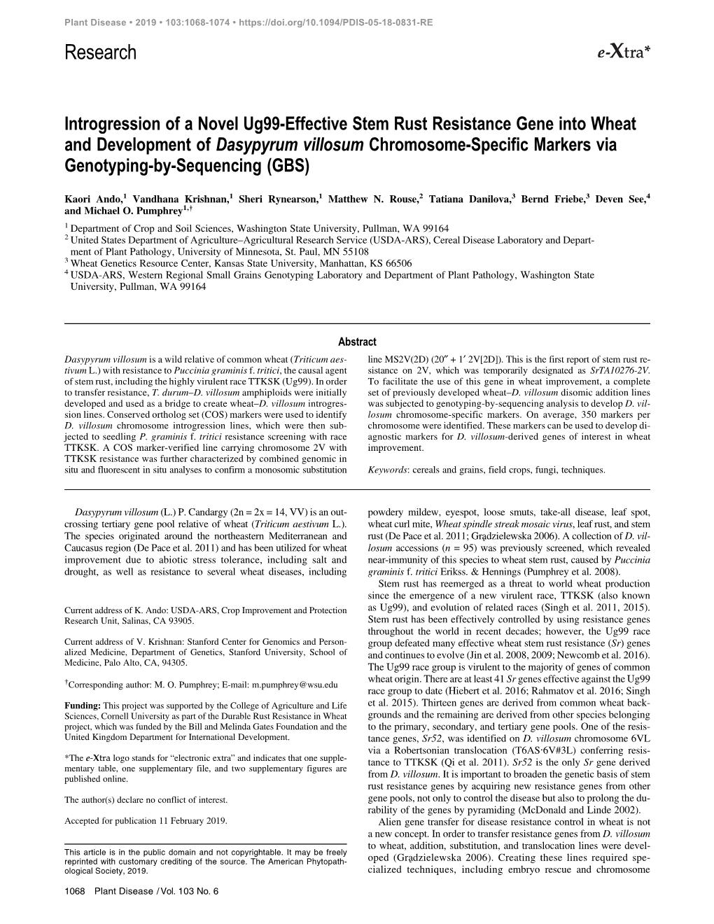 Introgression of a Novel Ug99-Effective Stem Rust