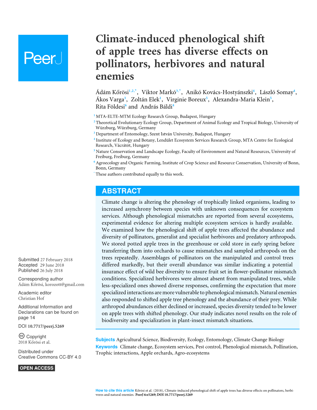 Climate-Induced Phenological Shift of Apple Trees Has Diverse Effects on Pollinators, Herbivores and Natural Enemies