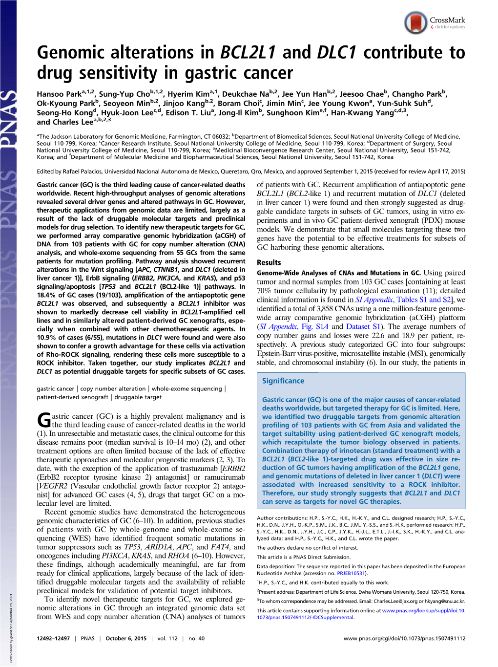 Genomic Alterations in BCL2L1 and DLC1 Contribute to Drug Sensitivity in Gastric Cancer