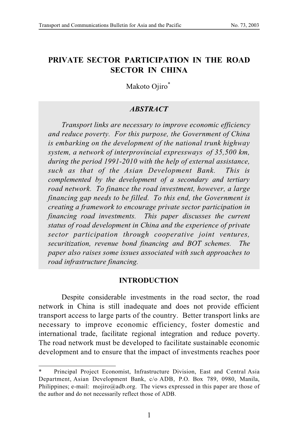 Private Sector Participation in the Road Sector in China