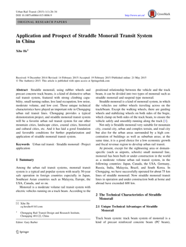 Application and Prospect of Straddle Monorail Transit System in China