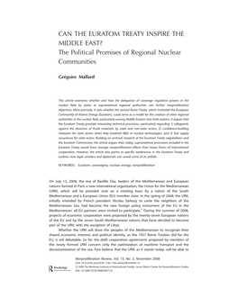 CAN the EURATOM TREATY INSPIRE the MIDDLE EAST? the Political Promises of Regional Nuclear Communities