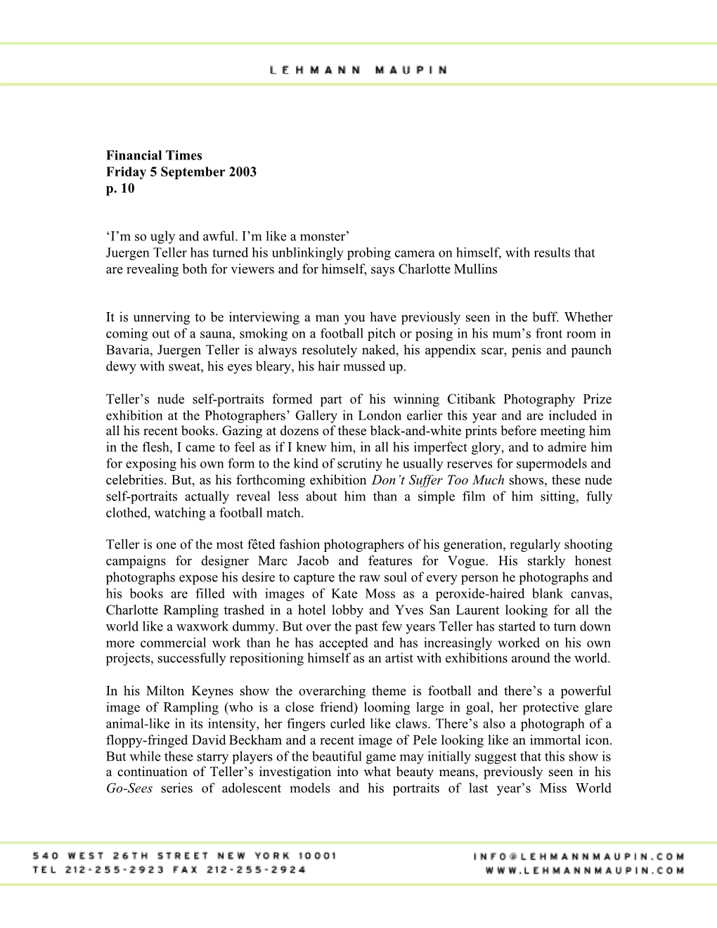 Financial Times Friday 5 September 2003 P. 10 'I'm So Ugly and Awful. I