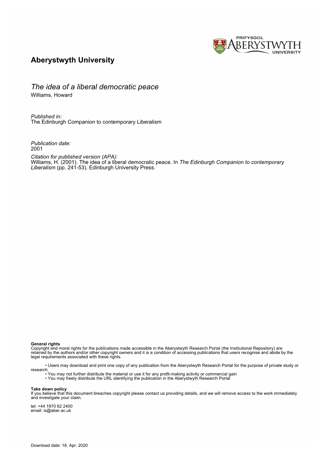 Aberystwyth University the Idea of a Liberal Democratic Peace