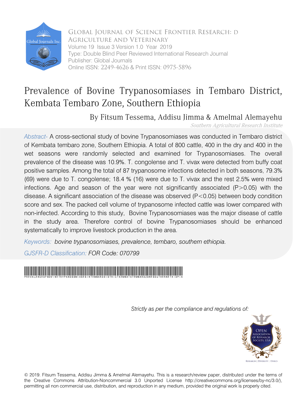 Prevalence of Bovine Trypanosomiases in Tembaro District, Kembata Tembaro Zone, Southern Ethiopia