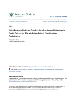 Links Between Maternal Emotion Socialization and Adolescents' Social Outcomes: the Mediating Role of Peer Emotion Socialization