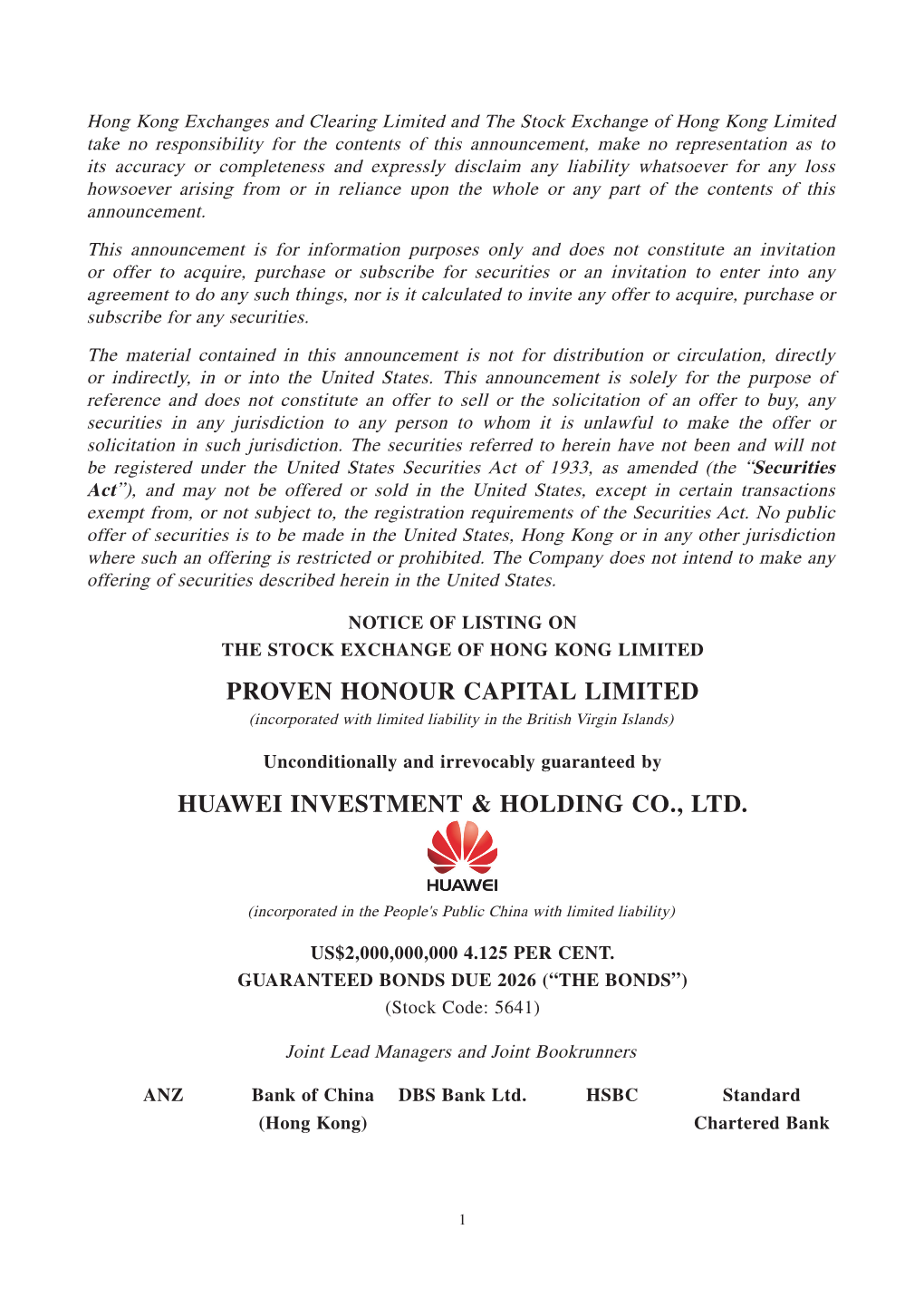 Proven Honour Capital Limited Huawei Investment