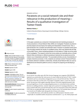 Paratexts on a Social Network Site and Their Relevance in the Production of Meaning— Results of a Qualitative Investigation of Twitter-Feeds